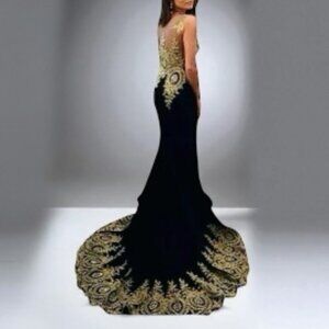 Black With Gold full train  Evening Gown New with Tags